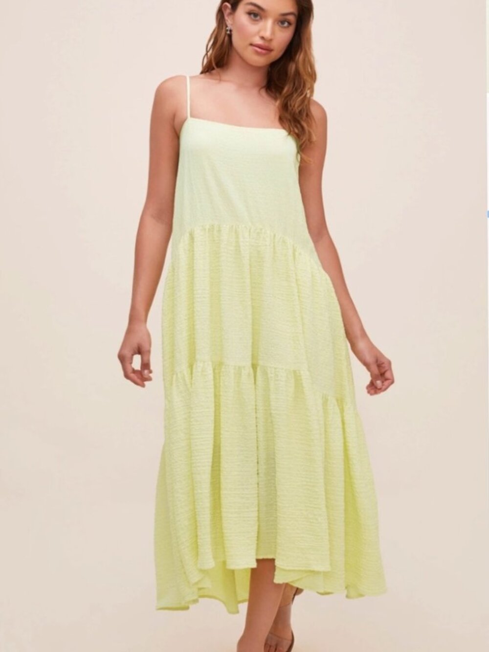 Astr the Label Ursa Midi Dress Sz XS Yellow Crinkle Gauze Lined Babydoll Summer